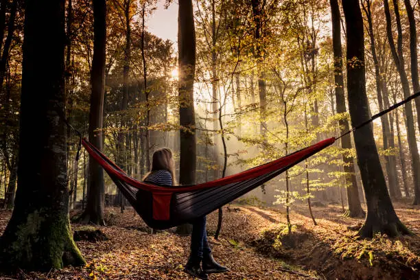 Teenage girl, 13, relaxing in a hammock that is tied up in the forest as the rays of early morning light break through the trees. Colour horizontal with some copy space. Photographed on location in Nordfeld woods on the island of Møn in Denmark.
