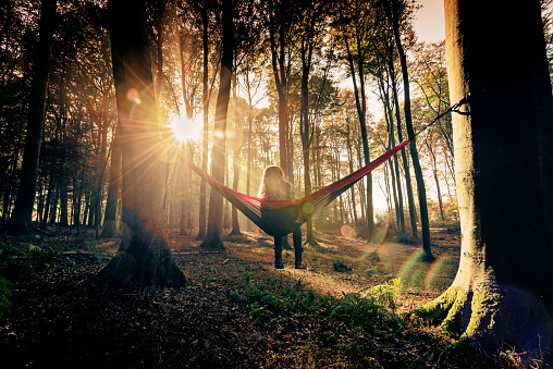 Teenage girl, 13, relaxing in a hammock that is tied up in the forest as the rays of early morning light break through the trees. Colour horizontal with some copy space. Photographed on location in Nordfeld woods on the island of Møn in Denmark.