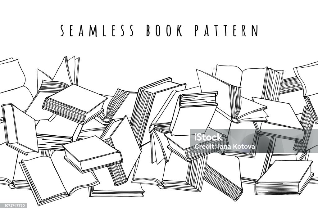 Book pattern. Seamless horizontal texture with open and closed books. Hand drawn vector illustration. Book stock vector