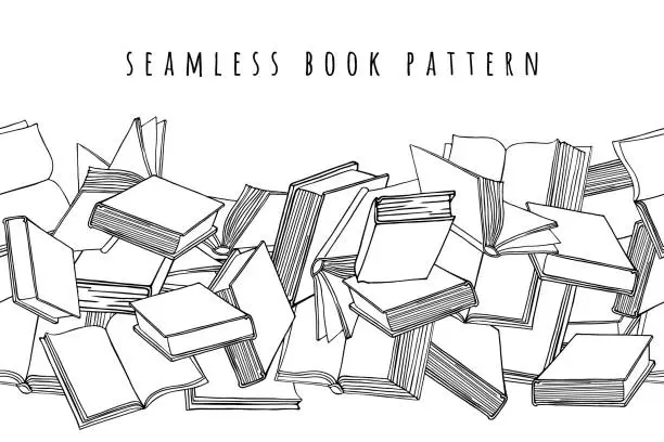 Vector illustration of Book pattern. Seamless horizontal texture with open and closed books. Hand drawn vector illustration.