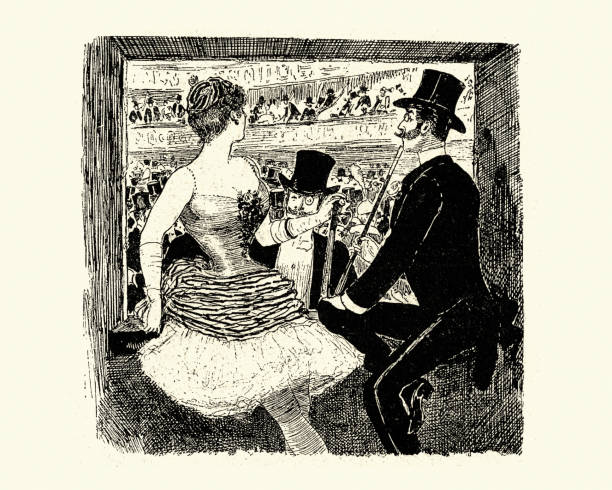 ilustrações de stock, clip art, desenhos animados e ícones de men flirting with actress showgirl at the theatre, 1880s - showgirl