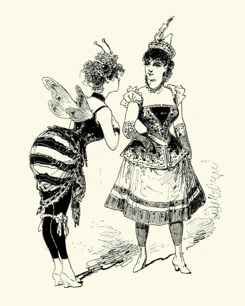 Victorian cartoon of young women in fancy dress, 1880s, Vintage engraving of a Victorian cartoon of young women in fancy dress, 1880s bee costume stock illustrations