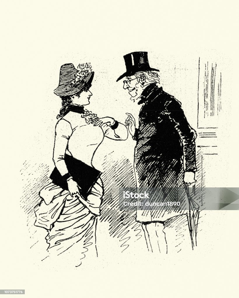Victorian cartoon of old man propositioning a young woman, 1880s Vintage engraving of a Victorian cartoon of old man propositioning a young woman, 1880s Archival stock illustration