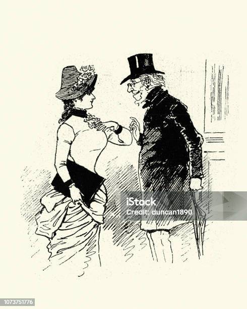 Victorian Cartoon Of Old Man Propositioning A Young Woman 1880s Stock Illustration - Download Image Now