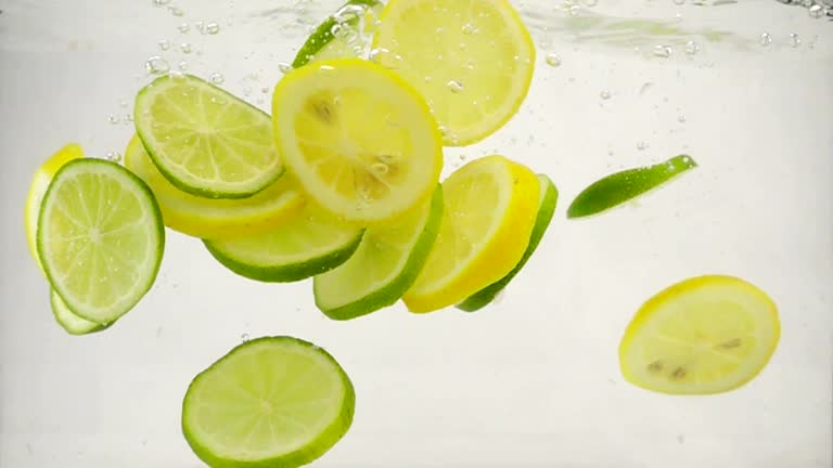 Slices of citrus lime and lemon fall into the water with splashes and bubbles, slow motion close-up