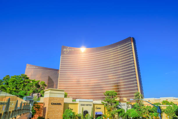 Wynn and Encore Hotel Las Vegas, Nevada, United States - August 18, 2018: aerial view of Wynn and Encore Tower Resort 5-star Casino Hotel in Las Vegas Strip and luxurious shopping with famous brands. Sunny day, blue sky. wynn las vegas stock pictures, royalty-free photos & images