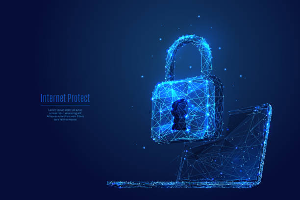 Lock on laptop. Data protect and secure Lock on laptop screen. Low poly wireframe vector illustration. Digital data protect or secure concept. Starry sky consisting of points, lines and shapes on dark background. Polygonal notebook and lock website wireframe illustrations stock illustrations