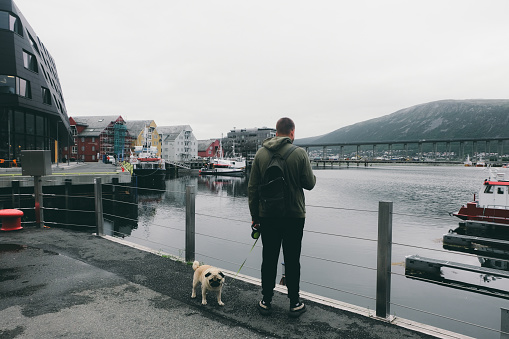 Man and dog walking in Tromso, Norway