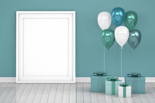 istock Shiny turquoise and white color balloons with empty frame in empty room. Christmas, Valentine's day, Birthday concept. 1073766596