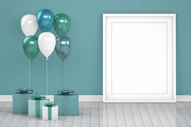 Shiny turquoise and white color balloons with empty frame in empty room. Christmas, Valentine's day, Birthday concept.