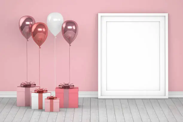 Photo of Shiny pink and white color balloons with empty frame in empty room. Christmas, Valentine's day, Birthday concept.