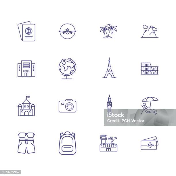 Tourism Icons Set Of Line Icons Stock Illustration - Download Image Now - Icon Symbol, Backpack, Coliseum - Rome