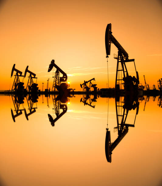 istock Oil pumps and rig at sunset 1073770770