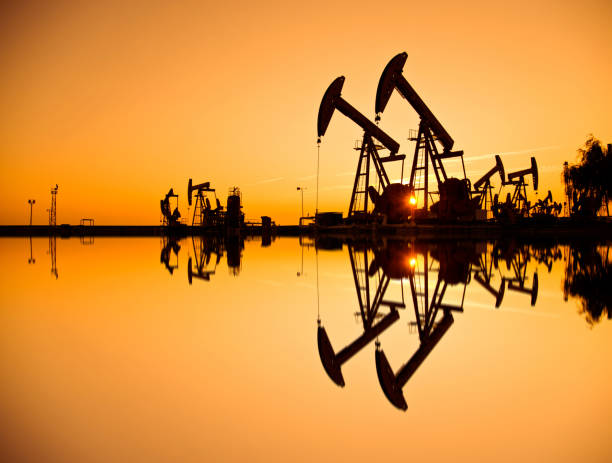 istock Oil pumps and rig at sunset 1073770828