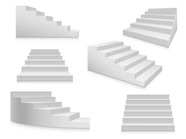 Vector illustration of White stairs. Staircase, 3d stairway, interior staircases isolated. Steps ladder architecture element vector collection