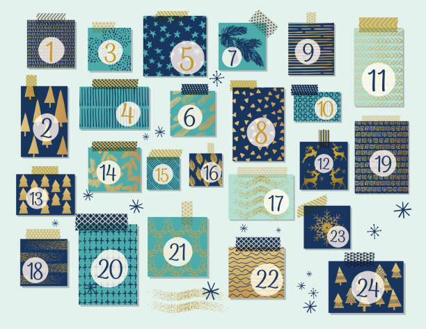 Modern Christmas Advent Calendar, Mint And Navy Blue With Gold Highlights Modern Christmas Advent Calendar With Gold Highlights. Each frame has its own holiday background pattern and has a piece of washi tape on top of it. advent stock illustrations