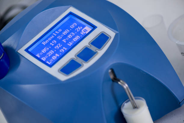 analysis and testing of dairy products on a modern device. test laboratory of a milk factory