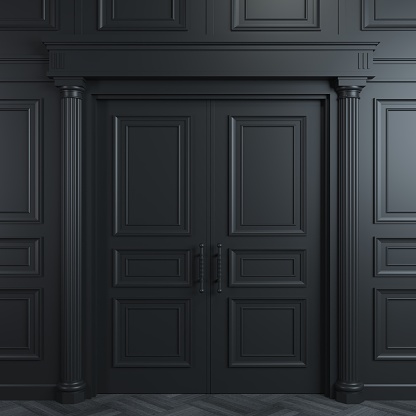 3 d illustration. Closed classic black doors with carvings. Interior Design. Background