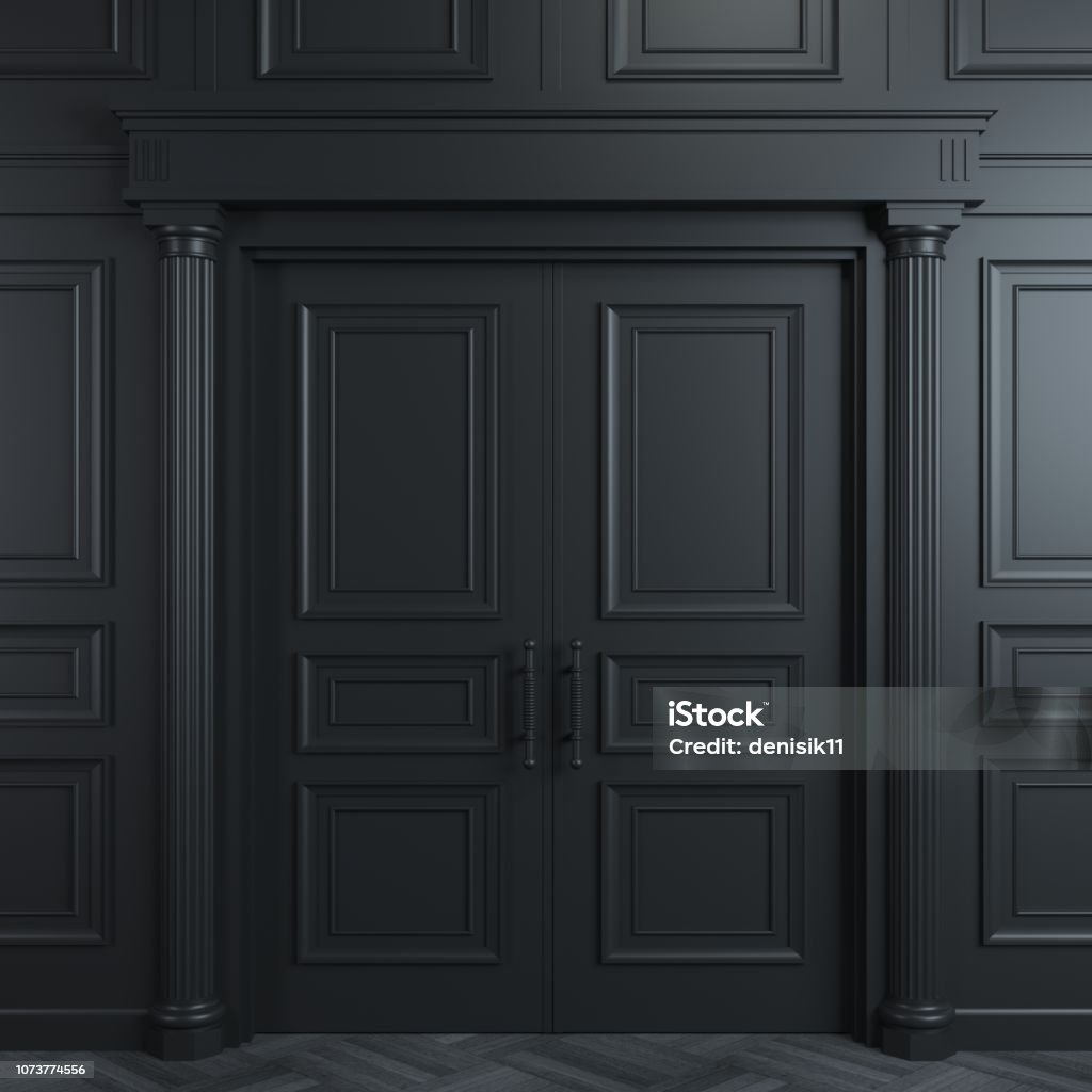 Black double classic door 3 d illustration. Closed classic black doors with carvings. Interior Design. Background Door Stock Photo