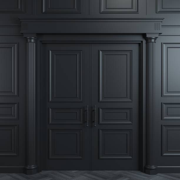 Black double classic door 3 d illustration. Closed classic black doors with carvings. Interior Design. Background building story photos stock pictures, royalty-free photos & images