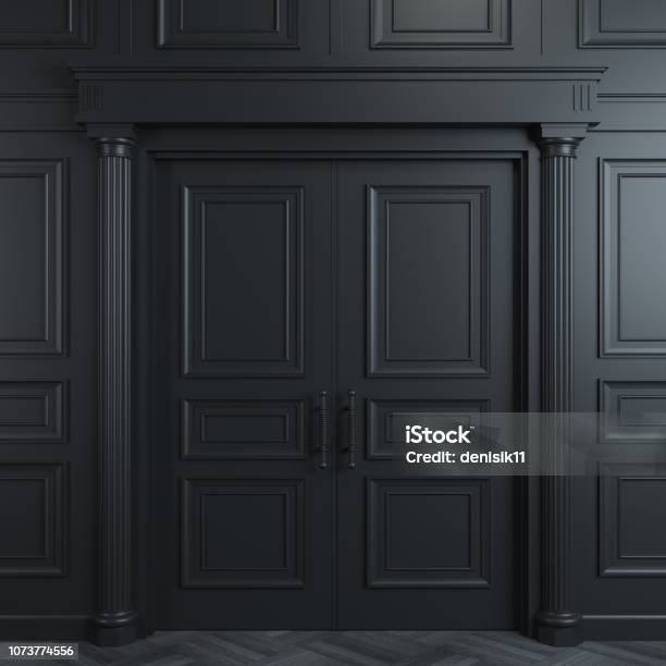 Black Double Classic Door Stock Photo - Download Image Now - Door, Black Color, Elegance