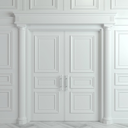 3 d illustration. Closed classic white doors with carvings. Interior Design. Background