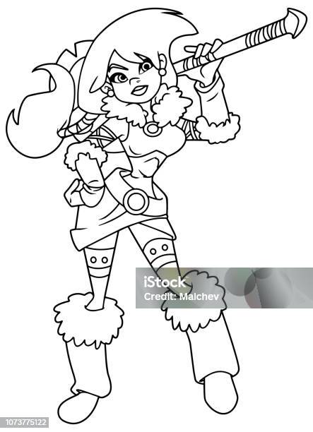 Viking Girl Illustration Line Art Stock Illustration - Download Image Now - Adult, Attitude, Belt