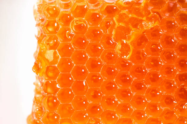 istock Extreme macro, close up. Bright orange honeycombs, flowing fragrant fresh honey. White background. 1073782538