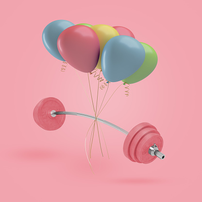 3d rendering of curved barbell with heavy pink weights hangs with a set of colorful air balloons tied to it. Party and recreation. Sport as best pastime. Birthday gym subscription.