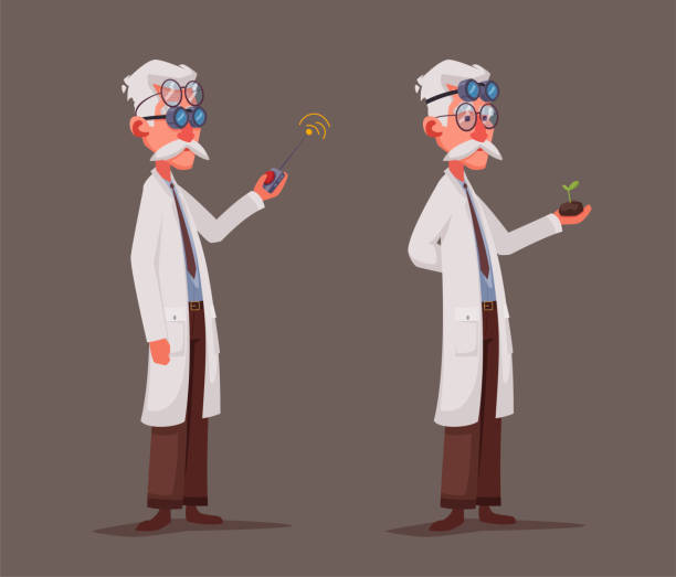 科学者が科学実験を実施します。 - cartoon scientist professor mascot点のイラスト素材／クリップアート素材／マンガ素材／アイコン素材