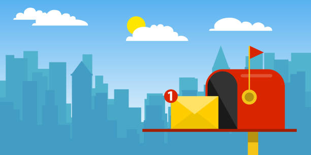 e-mail zu abonnieren, online-newsletter-vektor-template mit postfach und schaltfläche einreichen.  ein brief in den briefkasten vor dem hintergrund des stadtbildes. vektor-illustration eines postfachs mit einem buchstaben. - mailbox mail symbol box stock-grafiken, -clipart, -cartoons und -symbole