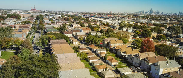 istock Panoramic top view typical residential neighborhood with downtown Chicago in background 1073802040