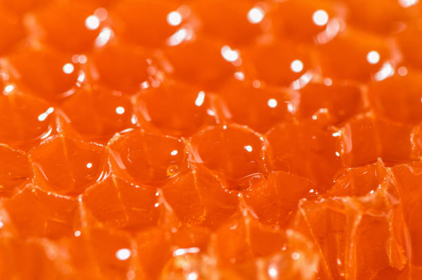 istock Extreme macro, close up. Bright orange honeycombs with fragrant fresh honey. 1073802824
