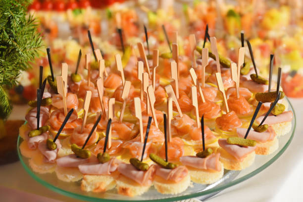 istock catering food canape set with salmon fish and meat, selective focus 1073807952