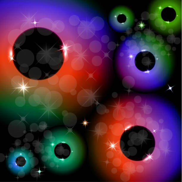 istock Vector illustration of bright color circles and rings with highlights and sparks on a dark background. Neon light effect, brilliant magic banner. 1073818420