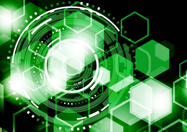 istock Bright abstract circles and hexagons on a dark background. The concept of communication design, innovation, digital technology, security. Vector illustration 1073820980