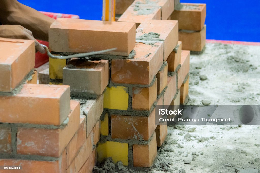 Install Brick Method Bricklayer Installing Bricks Bricklayer Worker Installing Brick Masonry ...