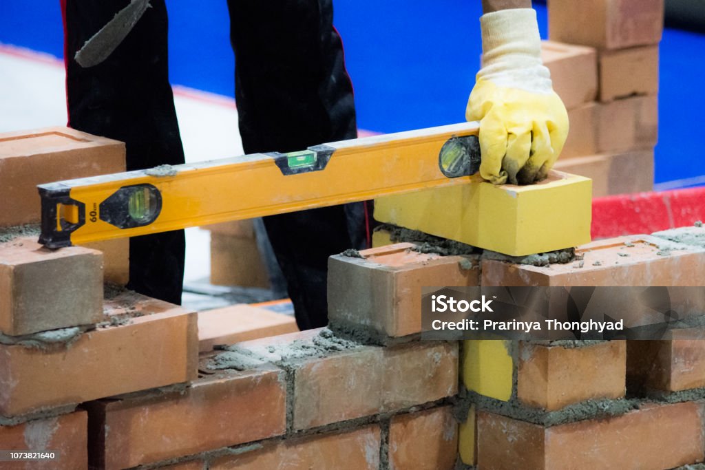 Install Brick Method Bricklayer Installing Bricks Bricklayer Worker Installing Brick Masonry ...
