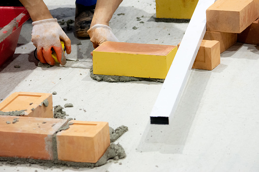 Install Brick Method Bricklayer Installing Bricks Bricklayer Worker Installing Brick Masonry ...