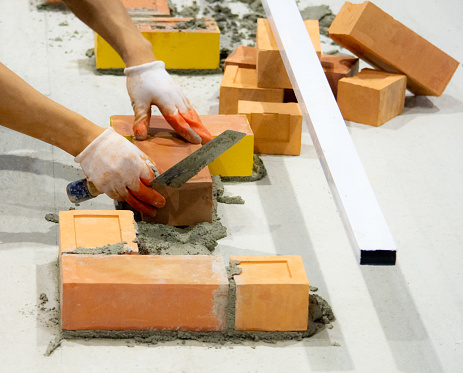 Install Brick Method Bricklayer Installing Bricks Bricklayer Worker Installing Brick Masonry ...