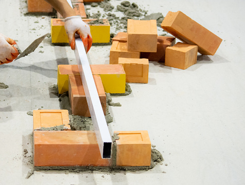 Install Brick Method Bricklayer Installing Bricks Bricklayer Worker Installing Brick Masonry ...