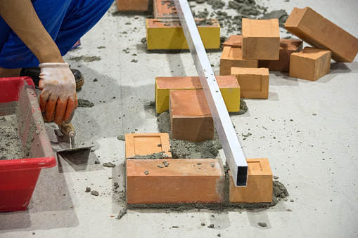 Install Brick Method Bricklayer Installing Bricks Bricklayer Worker Installing Brick Masonry ...