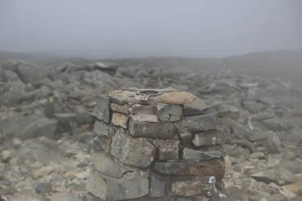An image from the peak of Scafell Pike showing the directions of different mountains in the area.