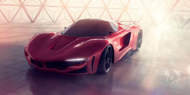 istock Generic Red Sports Car Inside Contemporary Building With Strong Sunlight 1073828456