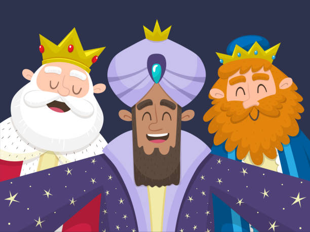 The three Kings taking a selfie Three Wise Men taking a selfie. Cartoon illustration of the three kings of Orient: Melchior, Balthazar and Gaspard. Vector illustration. january in spanish stock illustrations
