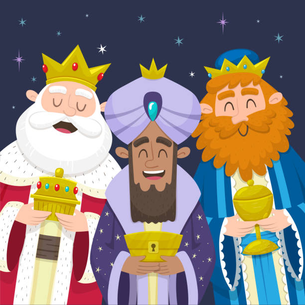 ilustraciones, imágenes clip art, dibujos animados e iconos de stock de los tres reyes magos sonriendo - reyes magos