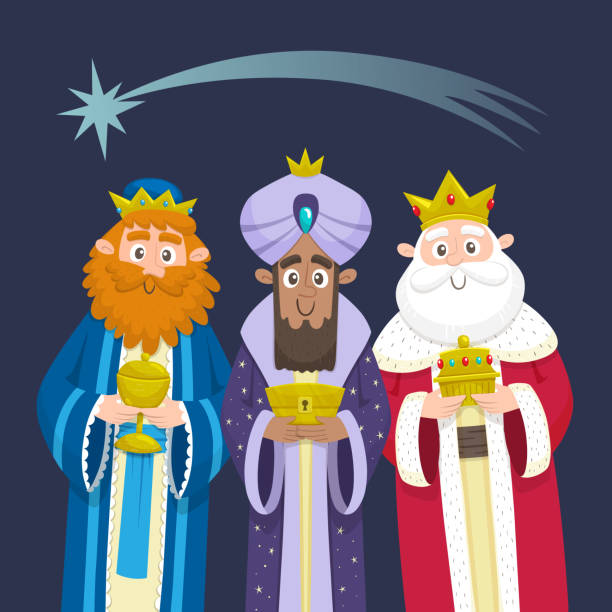 The three Kings of Orient Chrismas card The three Kings of Orient Chrismas card. Three Wise Men. Cartoon character design. Melchior, Gaspard and Balthazar with presents for Jesus. Vector illustration. january in spanish stock illustrations