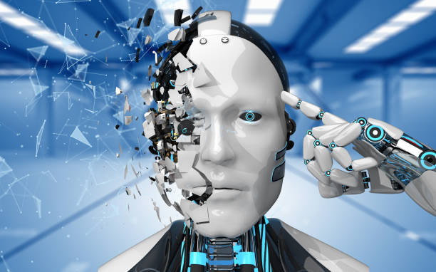 istock Robot Fragmented Head Futuristic Room Networks 1073832544
