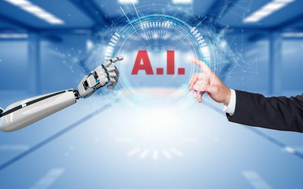 istock Businessman Robot Hands AI Connection HUD Network 1073832834