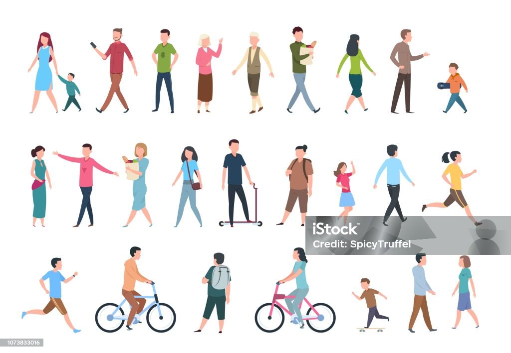 Walking people. Persons in casual clothes, crowd walks in city. Vector human characters set Walking people. Persons in casual clothes, crowd walks in city. Vector human characters isolated set Walking stock vector